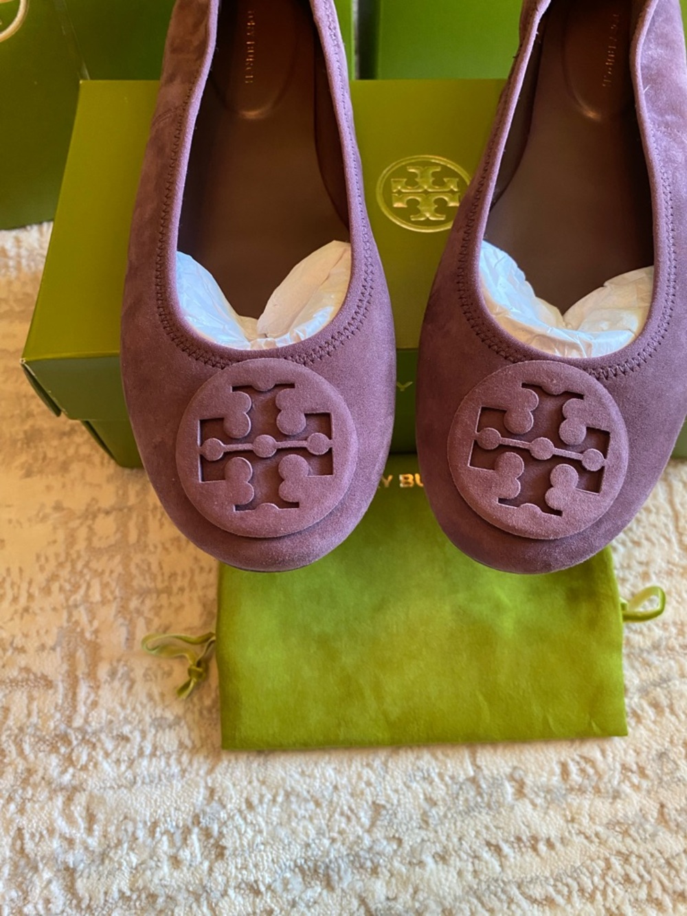 Tory Burch Mauve Suede Logo Ballet Flats - Picture 5 of 10